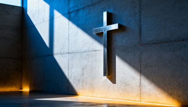 A metal cross on a concrete wall inside a modern church. Dramatic light and shadow creating a spiritual atmosphere. Symbol of faith, hope, and christianity - Powered by Adobe