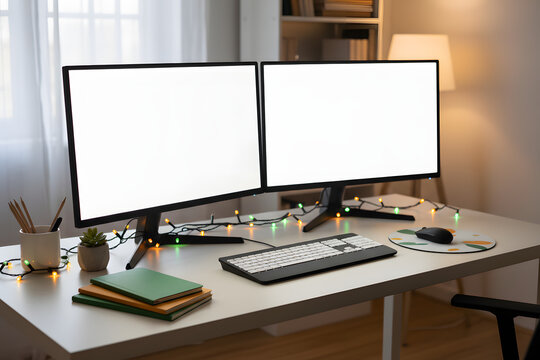 clean home office interior with dual screens and patriotic lighting