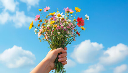A bouquet of flowers in a woman's hand