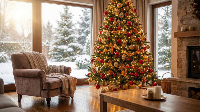 Cozy Modern Living Room Interior with Decorated Christmas Tree, Armchair, Fireplace, and Large Windows with Snowy Winter View