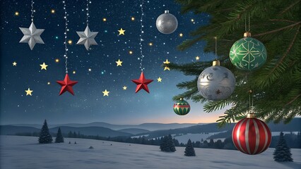 Christmas ornaments hanging on a tree with a snowy mountain background at night