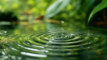 A single droplet falls onto the still surface of a pond, creating concentric ripples. The pond is framed by vibrant green leaves, reflecting the tranquil morning atmosphere.