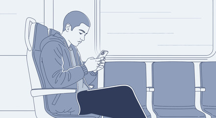 Modern urban life, Young man using smartphone during train ride in city commutes