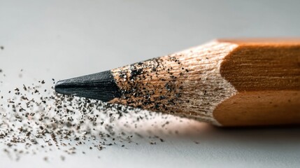 Obraz premium A sharpened pencil rests on a flat, light-colored surface. Shavings and fine graphite dust scatter around the tip, showcasing the pencils use and creating a creative workspace atmosphere.