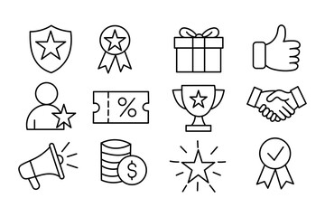 Icons of rewards, achievement, and recognition including star badge, trophy, gift, handshake, and money symbols for success, loyalty, and promotion by business and marketing.