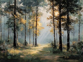 Fototapeta premium An oil painting depicting a forest path that is bathed in sunlight, with ethereal light rays (God rays) shining down on tall deciduous trees, lush green and golden autumn foliage, creating a serene na