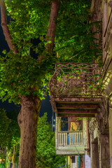Fototapeta premium Historic balconies and leafy street trees illuminated at night