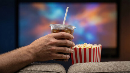 Popcorn Movie Night: Hand with Soda and Popcorn for a Cozy Home Entertainment Experience