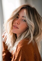 Fototapeta premium Portrait of a young woman with blonde wavy hair and freckles, soft natural window light, wearing a brown knit sweater, authentic skin texture, cozy lifestyle aesthetic