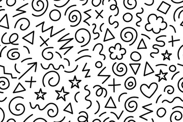 Fun black kid line doodle basckgraund. Creative minimalist style art background for children or trendy design with basic shapes.