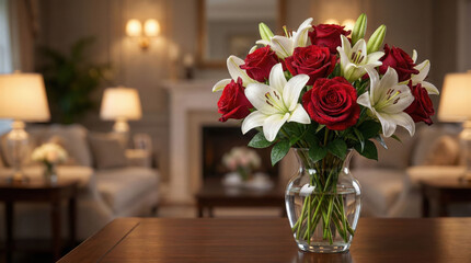 Obraz premium Elegant Floral Arrangement for Celebration Anniversary: Red Roses and White Lilies in a Cozy Home