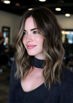 Photography of a woman with dimensional ash brown hair and blonde face-framing highlights, textured wavy lob haircut, smiling profile view, wearing a black textured knit top, blurred salon background