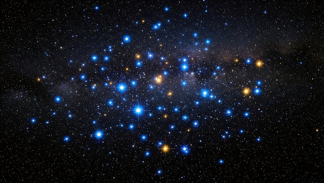 A stunning open star cluster painting the deep space canvas with brilliant blue and golden lights, a breathtaking display of the cosmos' infinite beauty and celestial majesty