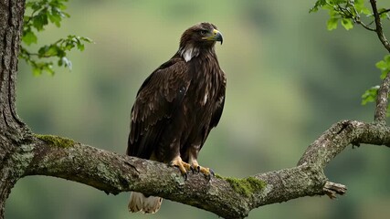 The eagle perches firmly on a tree branch, with the eagle observing the surroundings. The eagle's feathers and sharp beak emphasize the bird's presence on the tree branch.