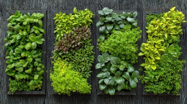 A lush vertical garden showcases an array of green plants and herbs. Each section displays a unique assortment of textures and shades, enhancing the natural beauty.