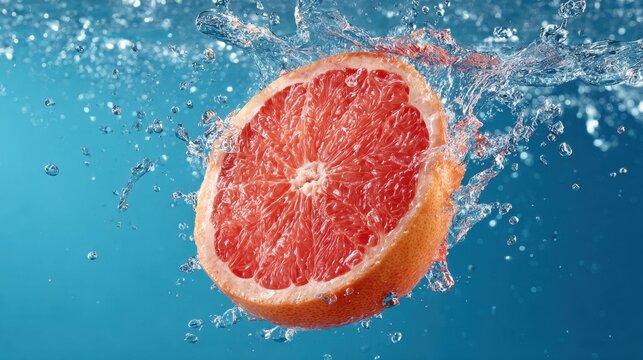 A ripe grapefruit is captured mid-splash as it dives into clear water. The vibrant fruit contrasts beautifully with the blue background, creating dynamic bubbles and waves around it. - Powered by Adobe