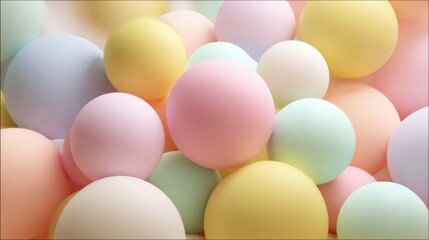 Soft pastel balls in shades of pink, blue, yellow, and green are scattered together, creating a cheerful and vibrant visual. Perfect for decorations or children's activities.