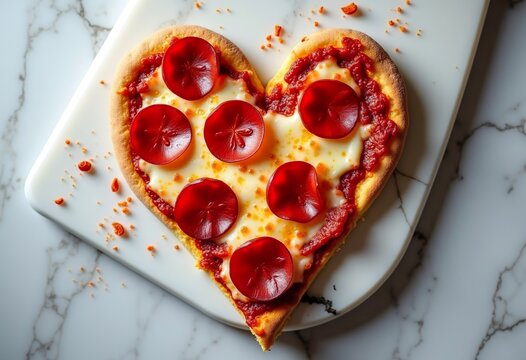 Heart-shaped pepperoni pizza slice on marble board with mini heart toppings. Fun food concept for Valentines Day 2026. Perfect for romantic dinner, pizza lovers, comfort food, date night, food humor.