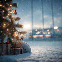 Christmas tree closeup with gifts on snowy rugby court with rugby ball lying in the snow. Concept of resting rugby sport during Christmas time.