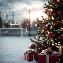 Christmas tree closeup with gifts on snowy soccer field, goal in background, snowfall and sun. Concept of resting soccer field during Christmas time.