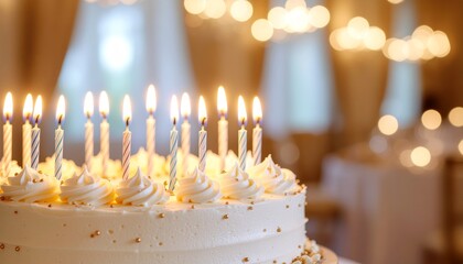 of a luxurious birthday cake with glowing candles