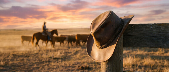 Cowboy hat on fence in golden hour, ranch scene blurred behind.