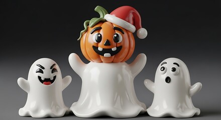 Fototapeta premium Three cute ghost figurines with a pumpkin head wearing a Santa hat.