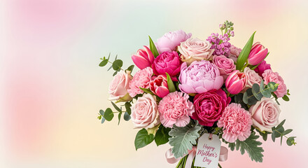 Beautiful mother's day bouquet of pink roses tulips and peonies on soft background