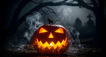 Glowing jacko'lantern surrounded by smoke in a spooky halloween graveyard scene