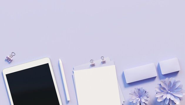 Stylish workspace mockup with tablet, stationery, and floral accents for creative professionals, perfect for showcasing designs and branding projects