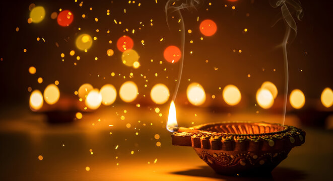 Lit diya lamp with smoke and bokeh lights for Diwali festival celebration background - Powered by Adobe