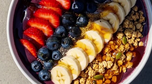 Tigela de A&ccedil;a&iacute; com Frutas Frescas, Granola e Sementes em Close-Up Vibrante