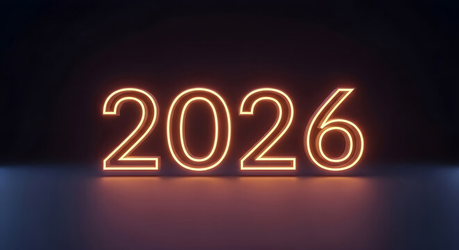 Glowing neon 2026 year on a dark background representing the future and new year