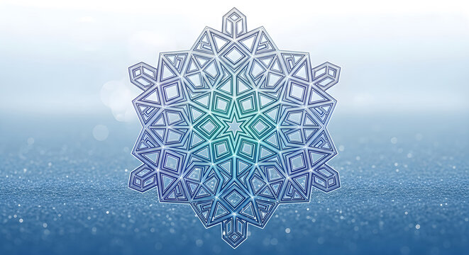 Intricate geometric snowflake design in blue tones against a sparkling background
