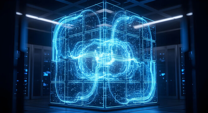 Futuristic data cube visualization in a server room for advanced technology uses