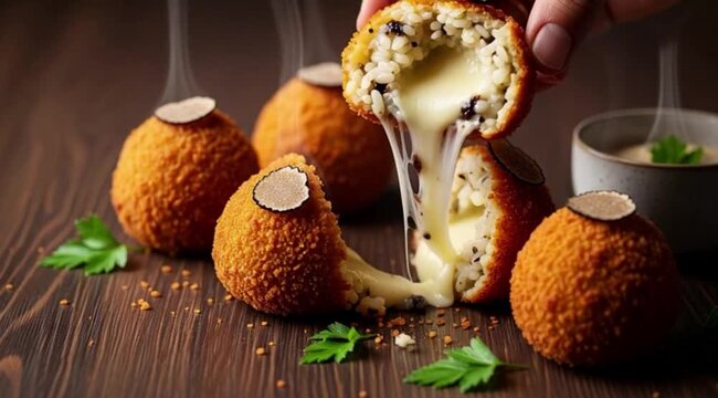 Arancini gourmet com queijo derretido e trufas em closeup