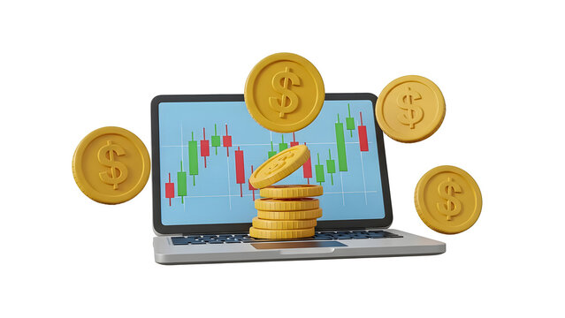 Laptop displaying stock market chart with floating dollar coins representing profit