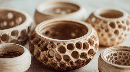 Fototapeta premium Unique Handcrafted Clay Vessels With Warm Organic Geometry and Intricate Hole Patterns Displayed Together