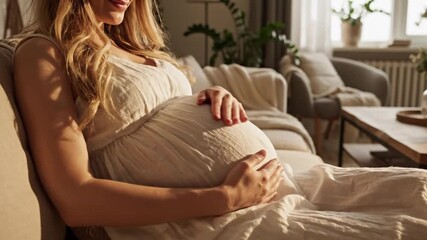 Front view unrecognizable Caucasian pregnant woman stroking belly sitting on couch in living room. Happy relaxed confident future mother caressing unborn fetus at home indoors