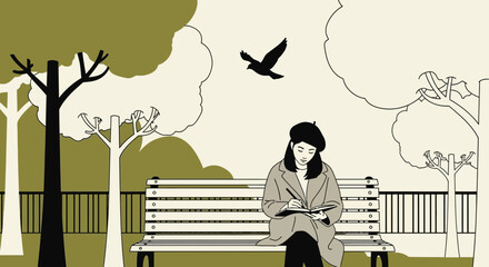 Illustration of a woman writing in a park with trees and a bird creating a serene scene
