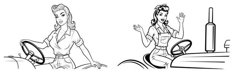 Vintage Farmer Girl on Tractor Pin up Character Retro Country Woman Vector Illustration Set