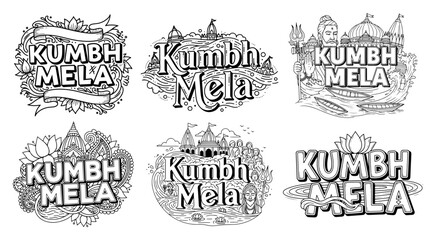 Kumbh Mela Logo and Badge Collection Hindu Festival Vector Emblem and Icon Set