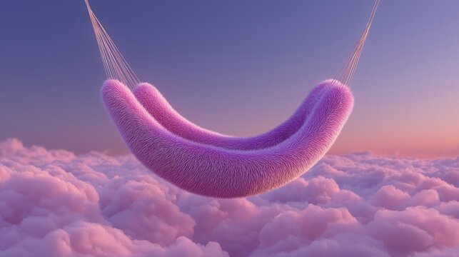 A serene and surreal image featuring a plush, soft, pink, furry hammock suspended over a sea of fluffy pink and white clouds at a tranquil sunset or sunrise.