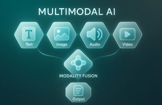 Multimodal AI Glassmorphism Infographic  ガラス風デザインで表現したマルチモーダルAI構造図（Text・Image・Audio・Video統合フロー）