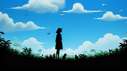 青空とシルエットの女　AI生成素材