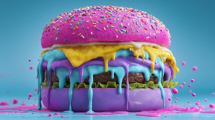 A whimsical and fantastical towering burger with a pink, sprinkle-covered bun and layers of brightly colored, dripping sauce in blue, purple, and yellow.