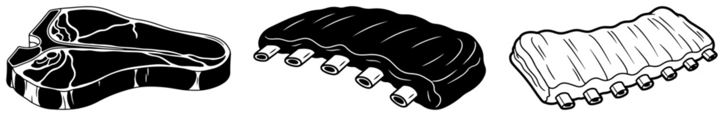 Butcher Cuts Steak And Pork Ribs Meat Icons Monochrome Hand Drawn Vector Set © Tomas