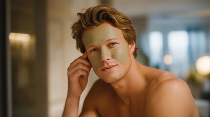 A man applying a clay mask to reduce blemishes, earthy green tones contrasting with warm bathroom light — men’s skincare, anti-blemish treatment, and self-care grooming. cinematic color correction,