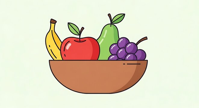 Colorful cartoon illustration of a fresh fruit bowl with banana apple pear and grapes.