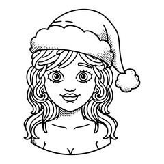 Cute Girl Portrait In Santa Hat Christmas Winter Outline Vector Illustration